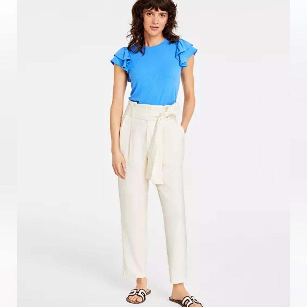 ON 34TH Khaki High Rise Cropped Straight Leg Linen Blend Pant Size 8